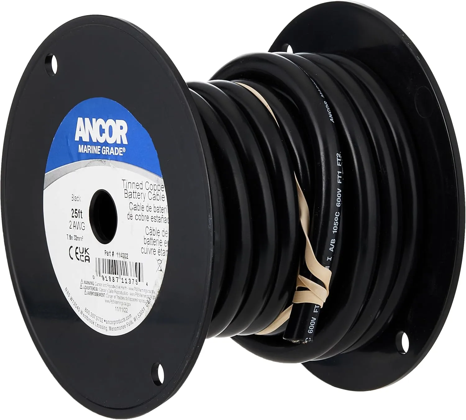 Ancor 114010 Tinned Copper Battery Cable, 2 AWG (32mm2), Black - 100ft