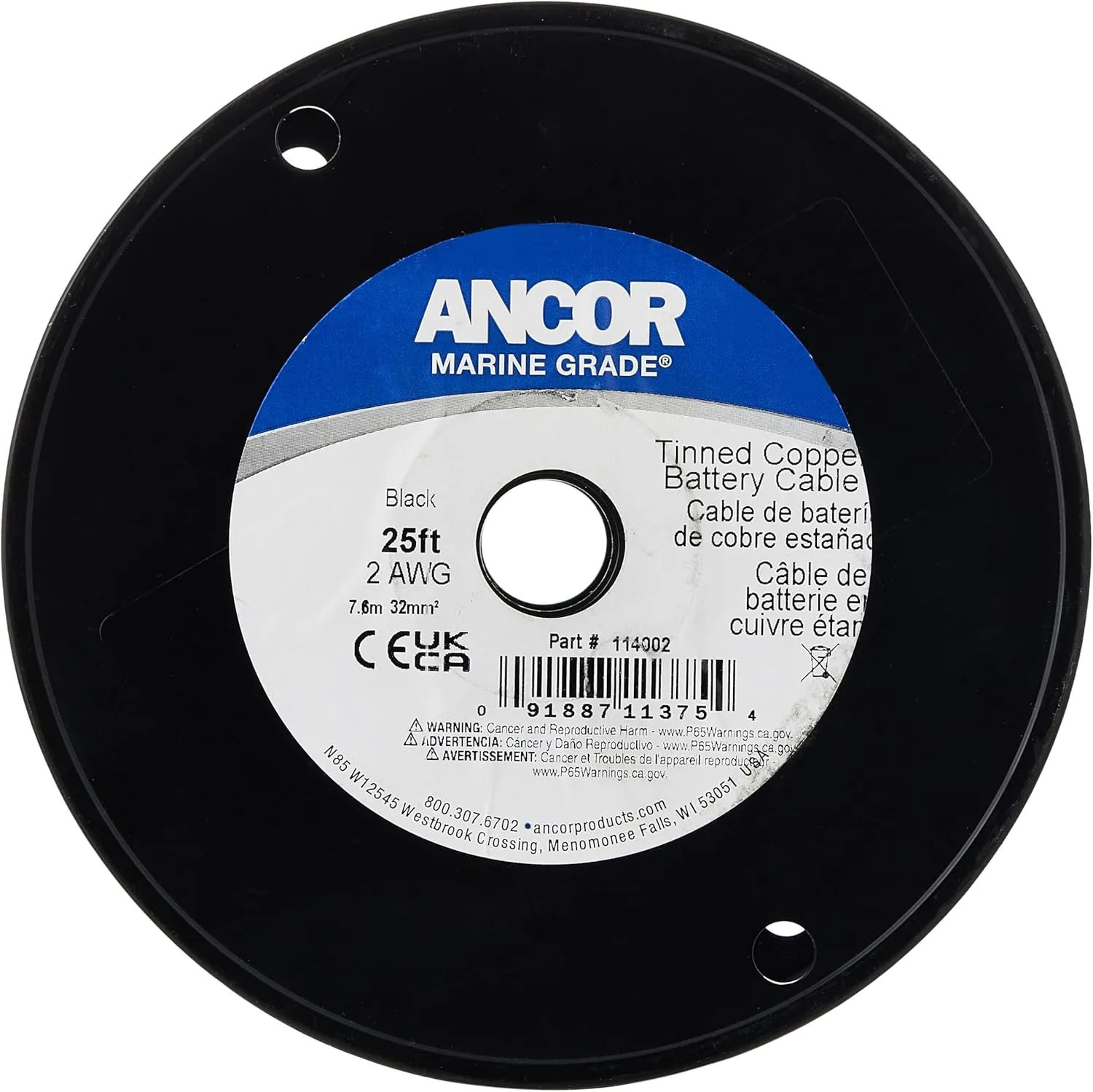 Ancor 114005 Tinned Copper Battery Cable, 2 AWG (32mm2), Black - 50ft