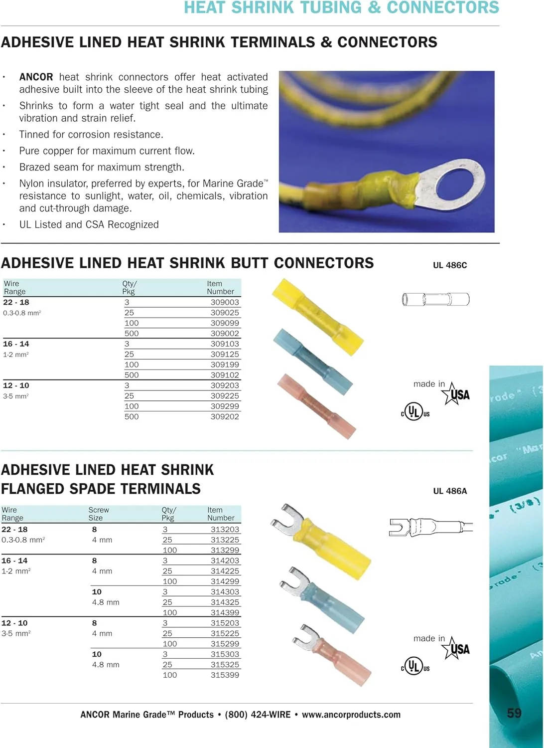 ANCOR Marine Nylon Insulated Adhesive-Lined Heat Shrink Flanged Spade Terminals