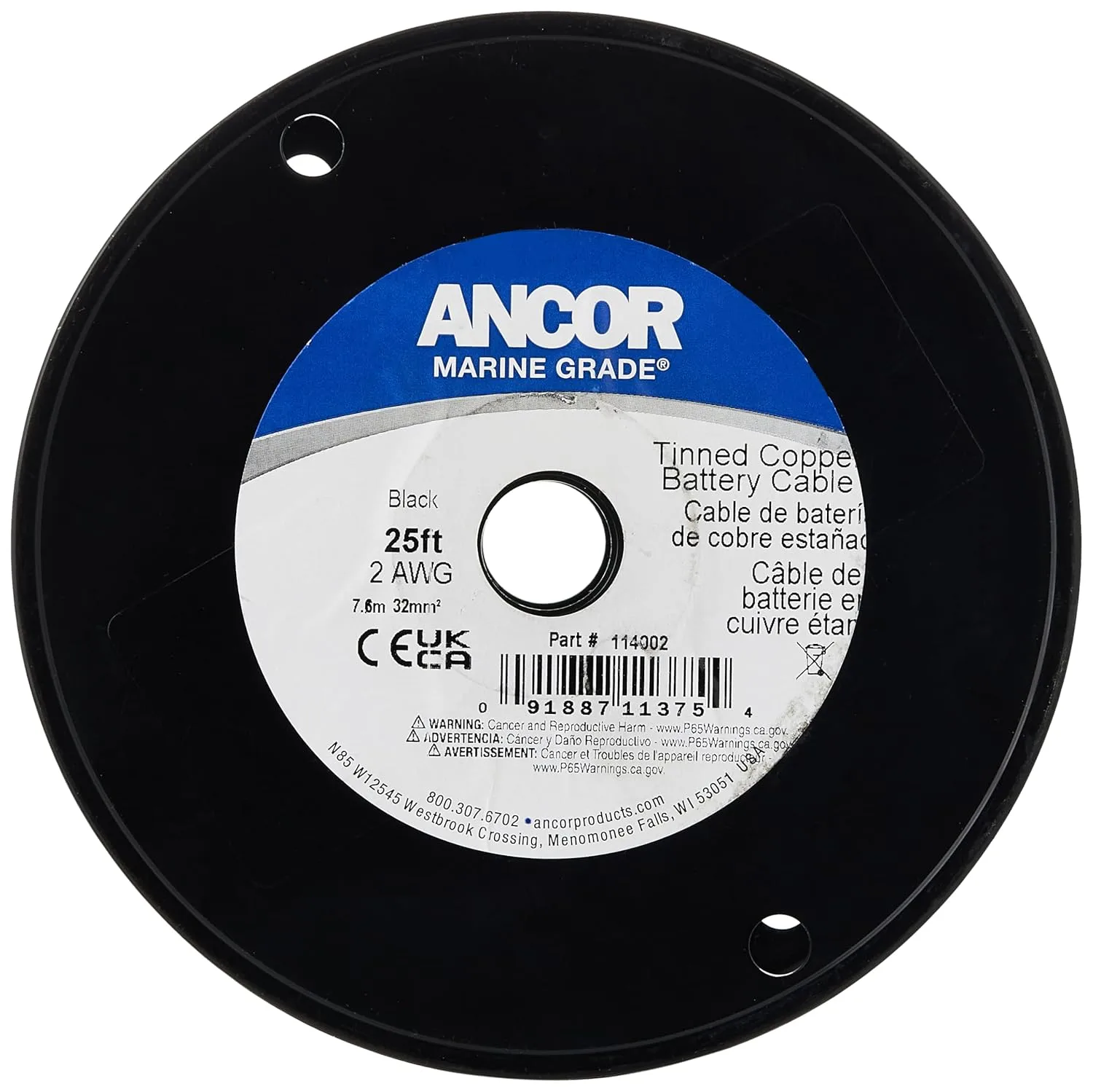 Ancor 114002 Tinned Copper Battery Cable, 2 AWG (32mm2), Black - 25ft 25 Feet