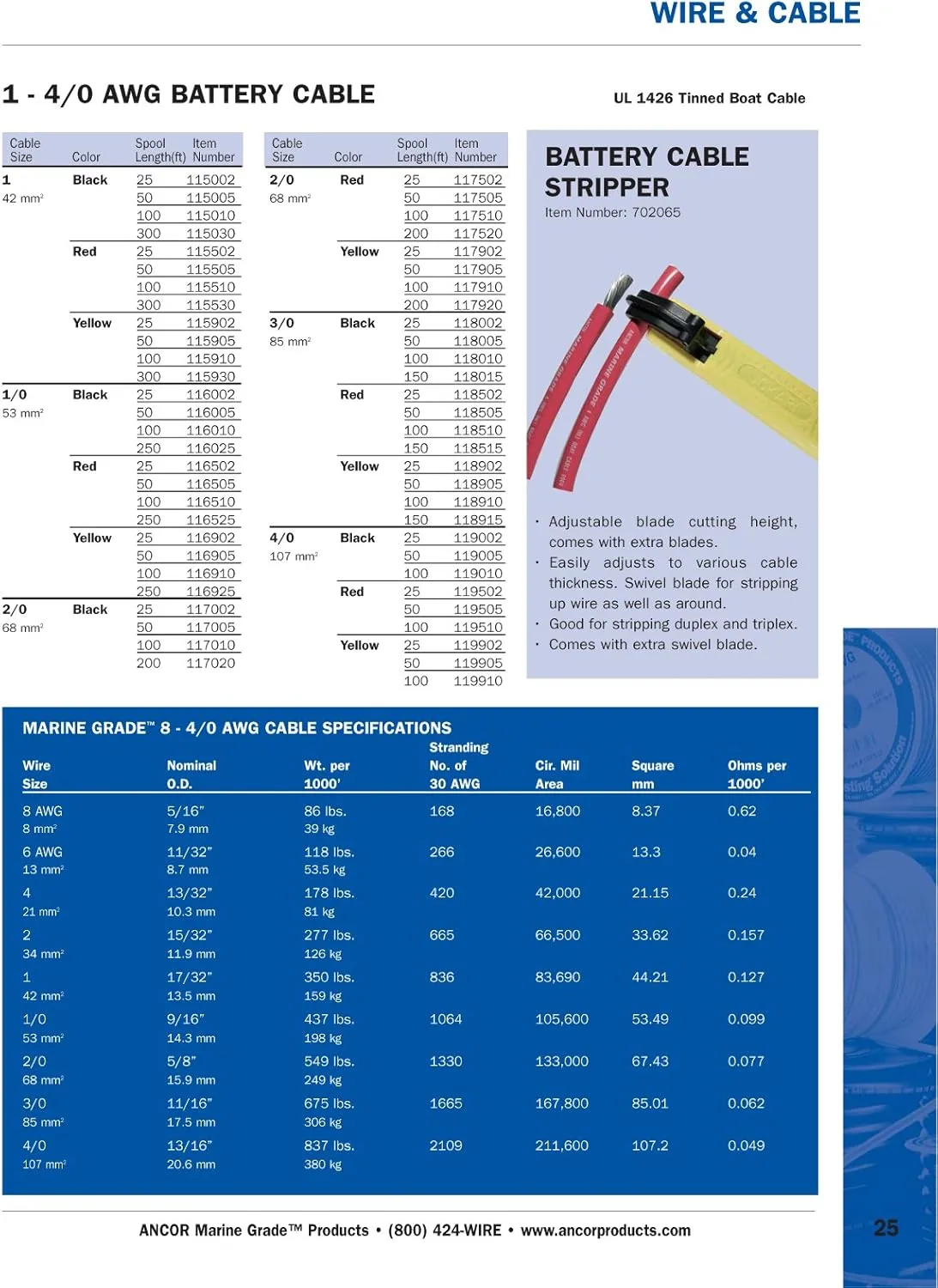 Ancor 113905 Tinned Copper Battery Cable, 4 AWG (19mm2), Yellow - 50ft