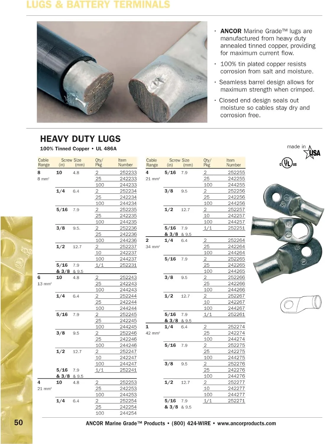 ANCOR MARINE GRADE 242287 Marine Grade Electrical Heavy Duty Tinned Copper Lugs (1/0-Gauge, Size 1/2 Screw, 10-Pack)