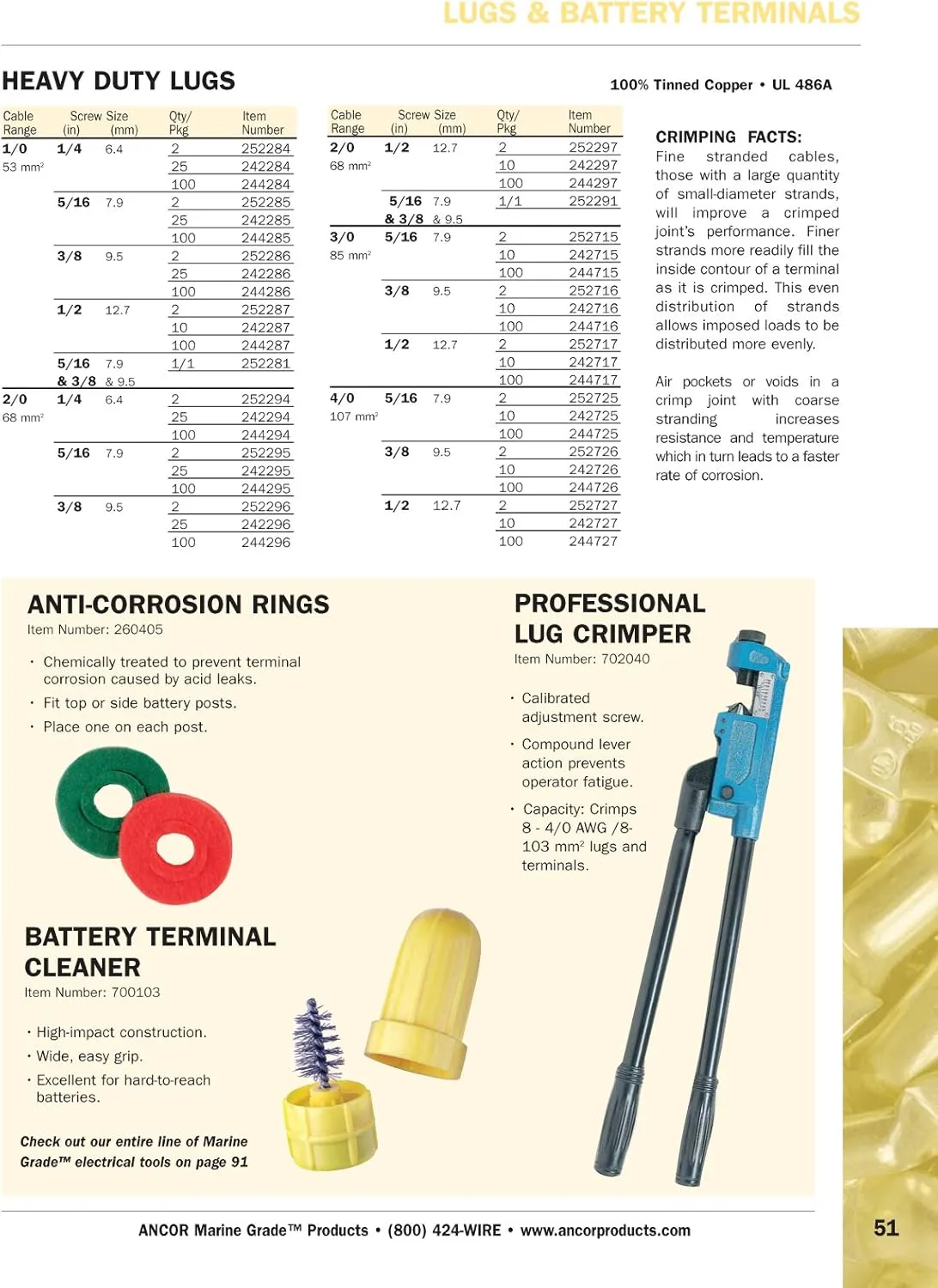 ANCOR MARINE GRADE 242287 Marine Grade Electrical Heavy Duty Tinned Copper Lugs (1/0-Gauge, Size 1/2 Screw, 10-Pack)