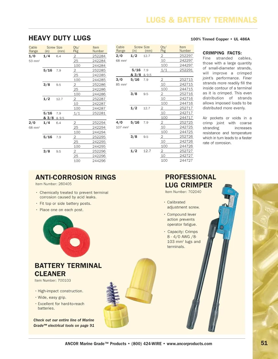 ANCOR MARINE GRADE 242247 Electrical Heavy Duty Tinned Copper Lugs (6-Gauge, Size 1/2 Screw, 10-Pack)