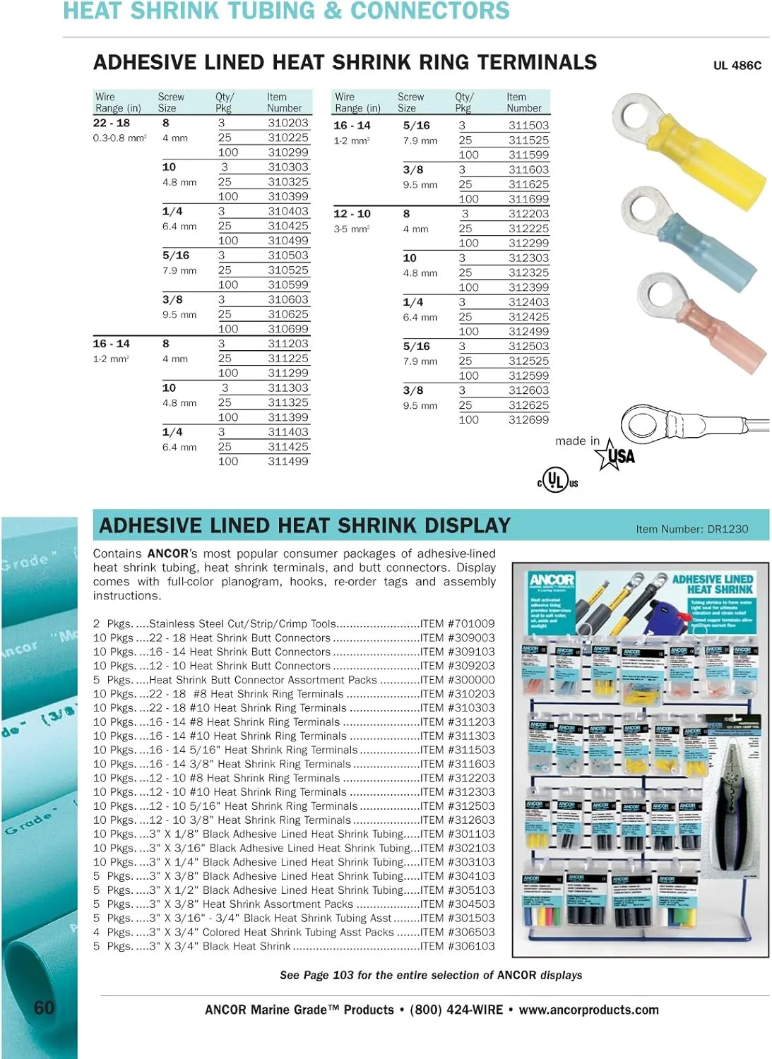 Ancor 310625 Marine Grade Electrical Nylon Insulated Adhesive Lined Heat Shrink Ring Terminals (22 to 18-Gauge