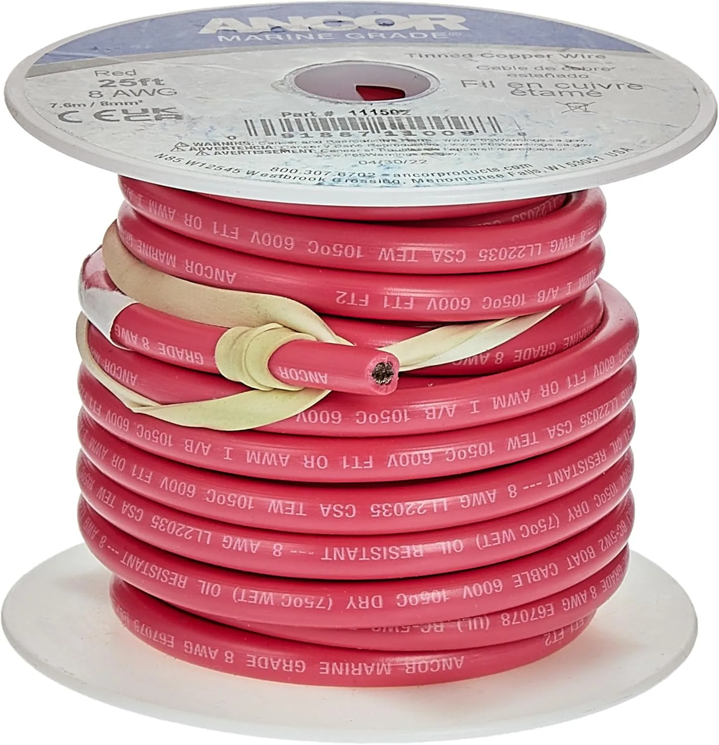 Ancor 111510 Tinned Copper Wire, 8 AWG (8mm2), Red - 100ft