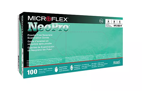 Series Microflex Neopro Disposable Gloves: Size X-Large, 5.1 mil, Uncoated-Coated Neoprene, Medical Grade, Unpowdered