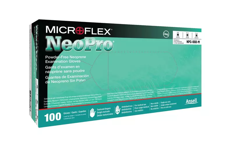 Series Microflex Neopro Disposable Gloves: Size X-Large, 5.1 mil, Uncoated-Coated Neoprene, Medical Grade, Unpowdered