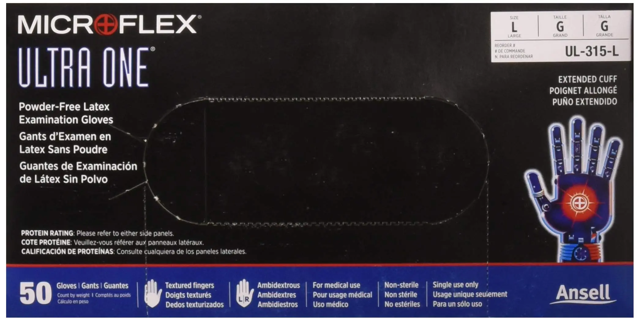 Microflex Ultra One Powder Free, Latex Extended Cuff Examination Gloves - Large, UL315L
