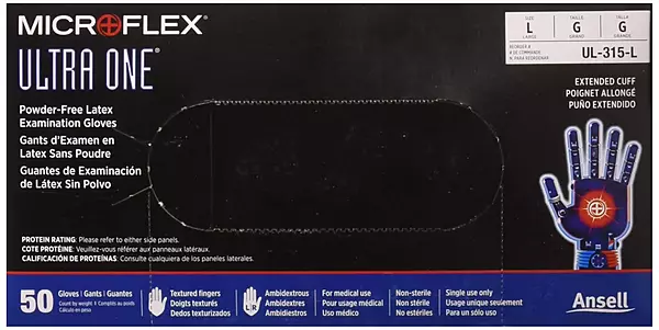 Microflex Ultra One Powder Free, Latex Extended Cuff Examination Gloves - Large, UL315L
