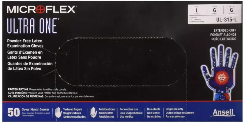 Microflex Ultra One Powder Free, Latex Extended Cuff Examination Gloves - Large, UL315L