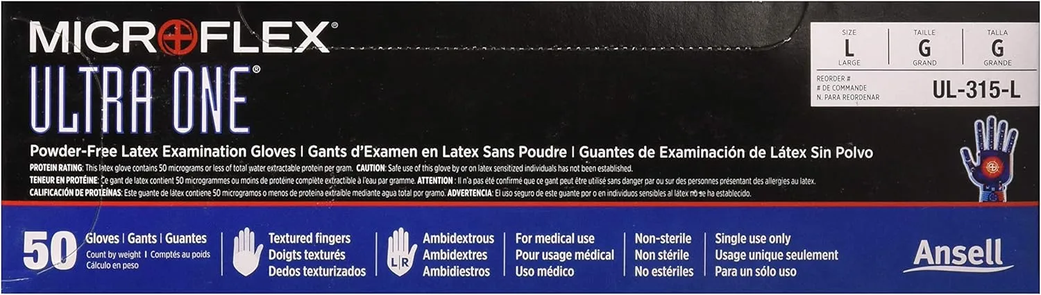 Microflex Ultra One Powder Free, Latex Extended Cuff Examination Gloves - Large, UL315L