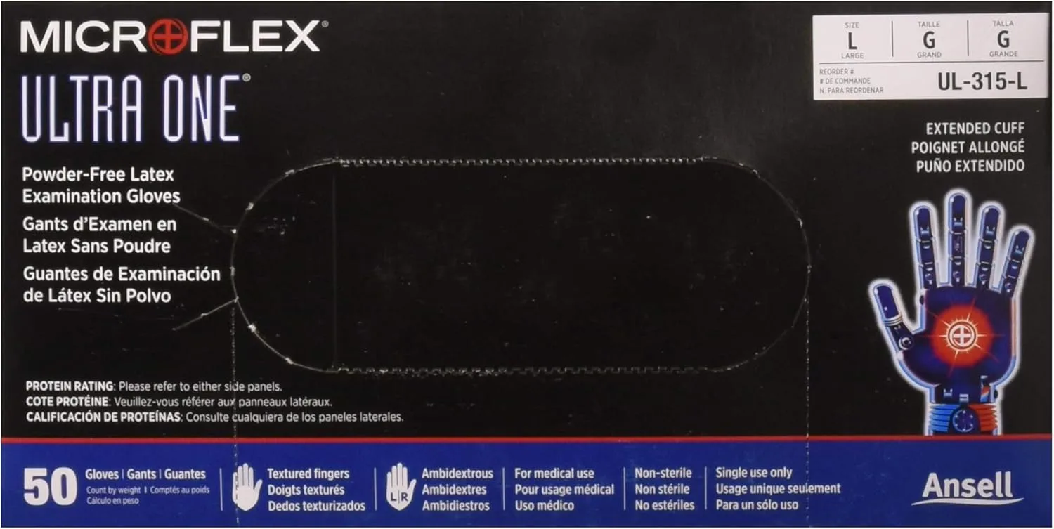 Microflex Ultra One Powder Free, Latex Extended Cuff Examination Gloves - Large, UL315L