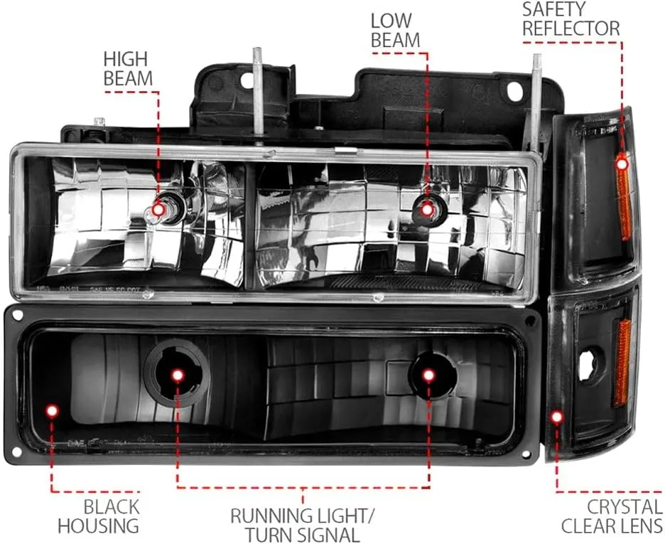 ANZO USA CHEVY BLAZER (FULL SIZE) 94 / CHEVY C/K1500 94-99/2500/3500 94-00 / SUBURBAN 94-99 / TAHOE 95-99 CRYSTAL HEADLIGHTS BLACK W/SIGNAL & SIDE MARKERS AMBER (8PCS)