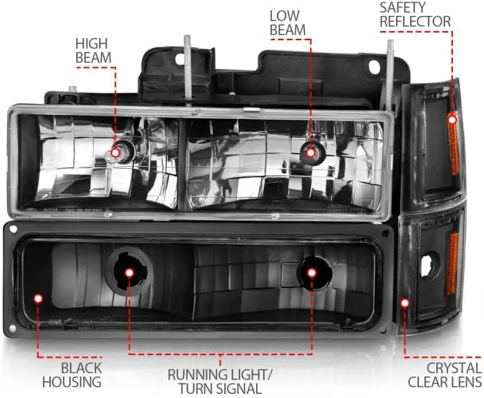 ANZO USA CHEVY BLAZER (FULL SIZE) 94 / CHEVY C/K1500 94-99/2500/3500 94-00 / SUBURBAN 94-99 / TAHOE 95-99 CRYSTAL HEADLIGHTS BLACK W/SIGNAL & SIDE MARKERS AMBER (8PCS)