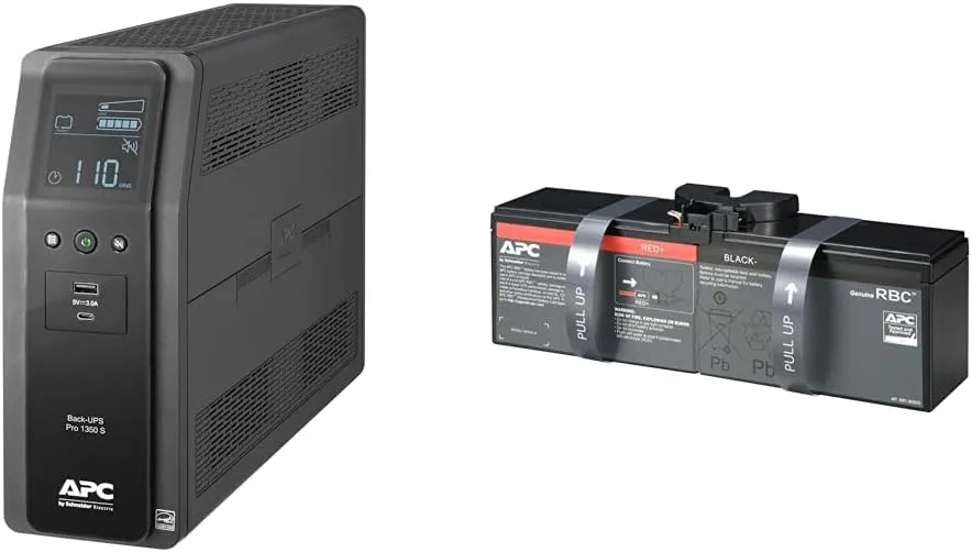 APC 1350VA Sine Wave UPS Battery Backup Surge Protector with APC UPS Battery Replacement 1350VA Surge Protector+ Battery