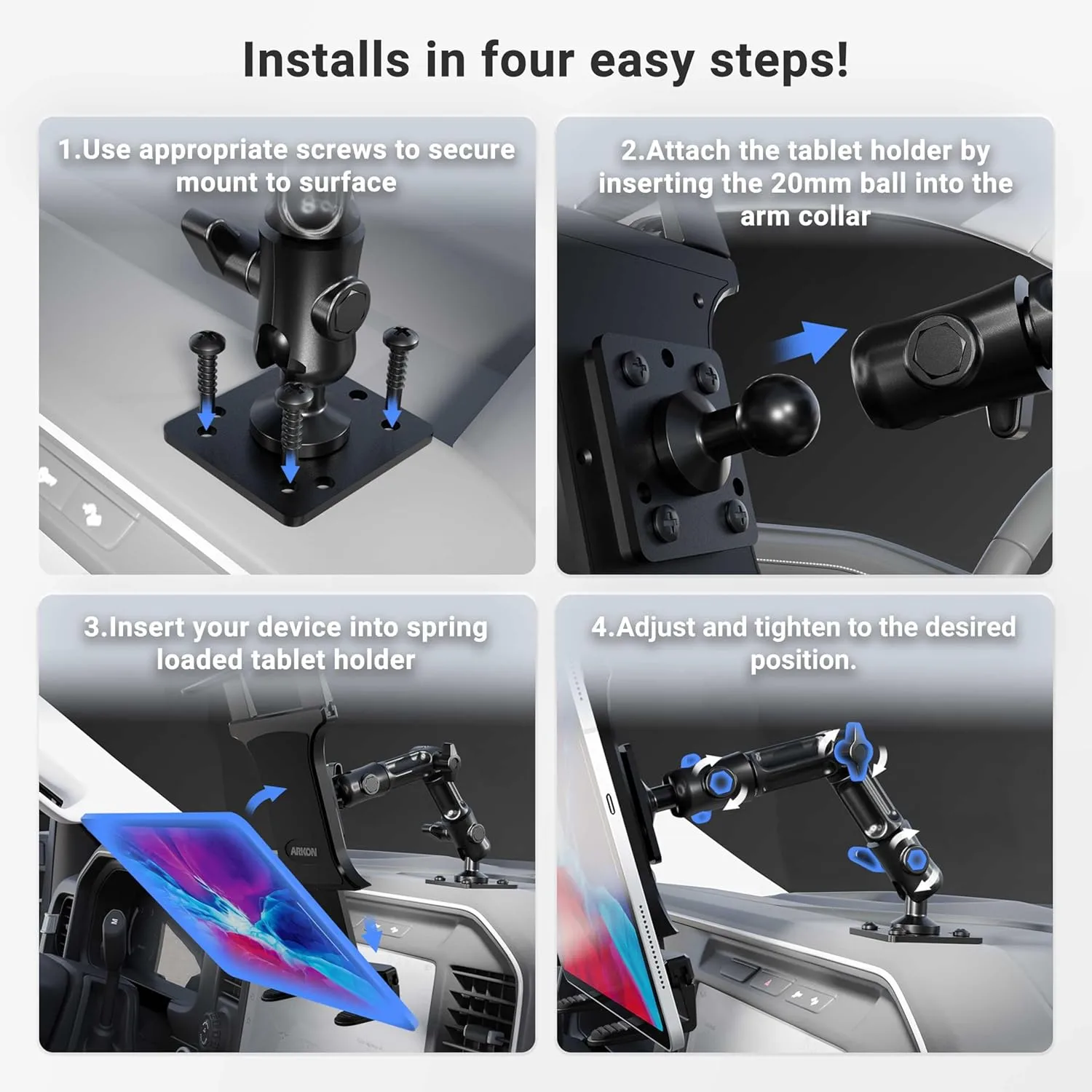 ARKON Mounts - Heavy-Duty Tablet Mount | Secure Drill Base for Cars, Walls