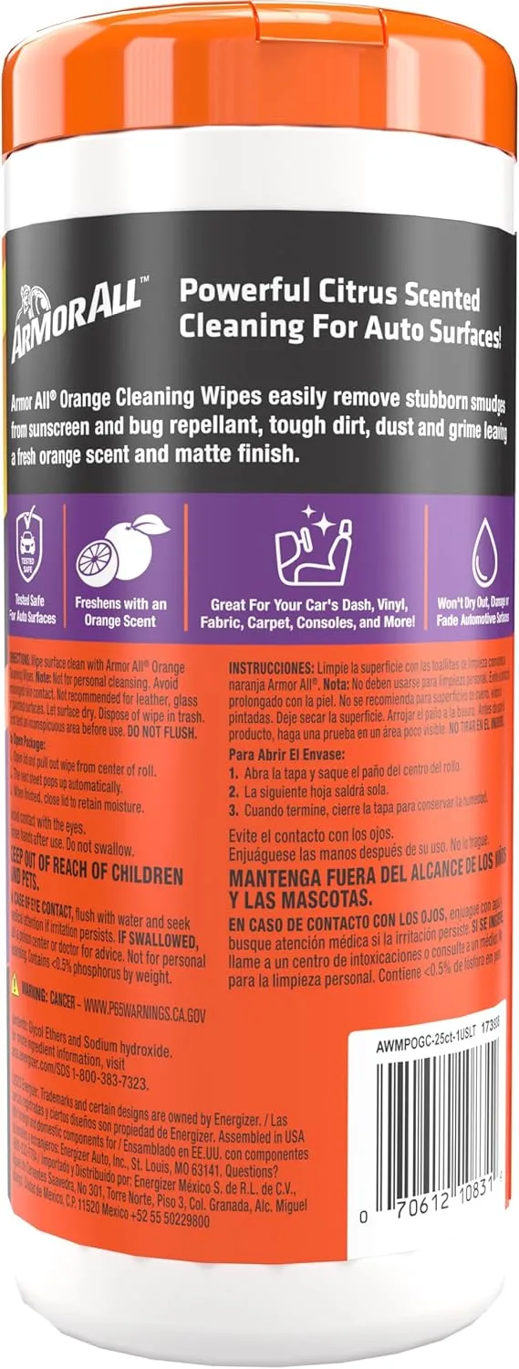 Armor All Car Interior Cleaner Wipes, Orange Scent, 25 Count