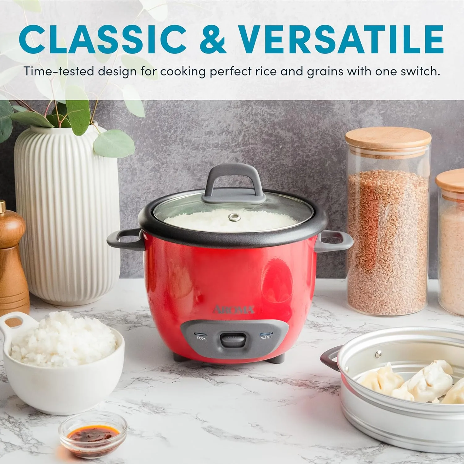 Aroma Housewares ARC-743-1NGR 6-Cup (Cooked) (3-Cup UNCOOKED) Pot Style Rice Cooker and Food Steamer,Red Red Steamer