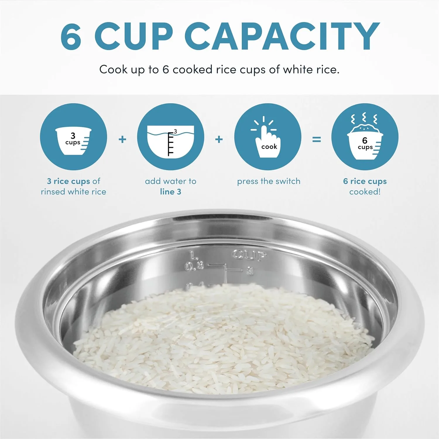 AROMA® Select Stainless® Rice Cooker, 3-Cup (Uncooked) / 6-Cup (Cooked), Stainless Steel Inner Pot, Small Rice Cooker