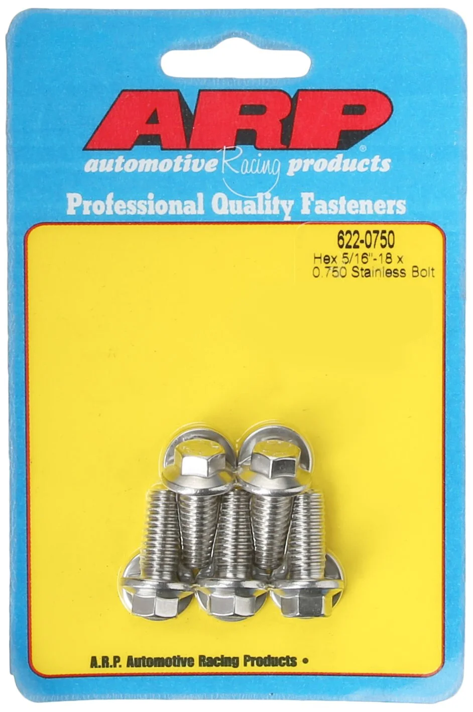 ARP 6220750 5-Pack Of Stainless Steel Hex Bolts, Size 5/16-18, 0.750 Under Head Length