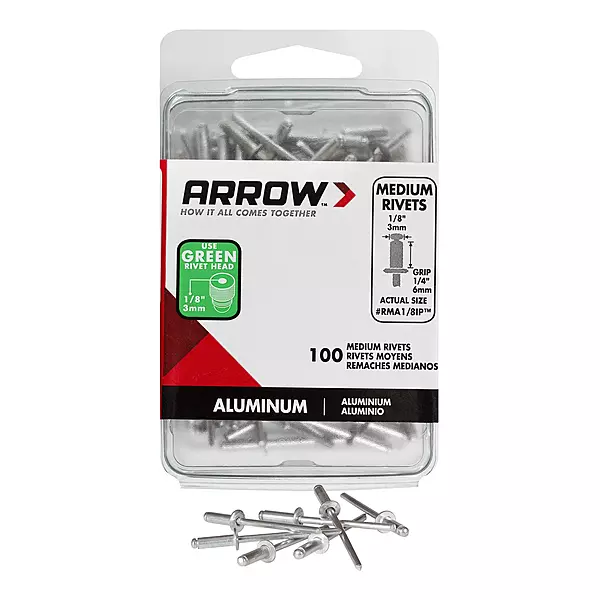 Arrow RMA1/8IP Medium Aluminum 1/8-Inch Pop Rivets for Metal, Fabric, Leather, and Auto Repair, 100-Pack 1/8 in. x 1/4 in.