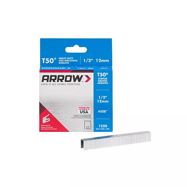 Arrow 508 Heavy Duty T50 1/2-Inch Leg Length, 3/8-Inch Crown, Staples for Upholstery, Construction, Furniture, Crafts