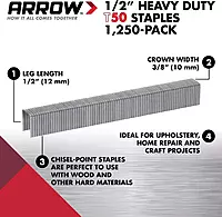 Arrow 508 Heavy Duty T50 1/2-Inch Leg Length, 3/8-Inch Crown, Staples for Upholstery, Construction, Furniture, Crafts