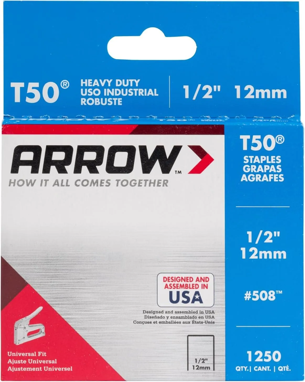 Arrow 508 Heavy Duty T50 1/2-Inch Leg Length, 3/8-Inch Crown, Staples for Upholstery, Construction, Furniture, Crafts