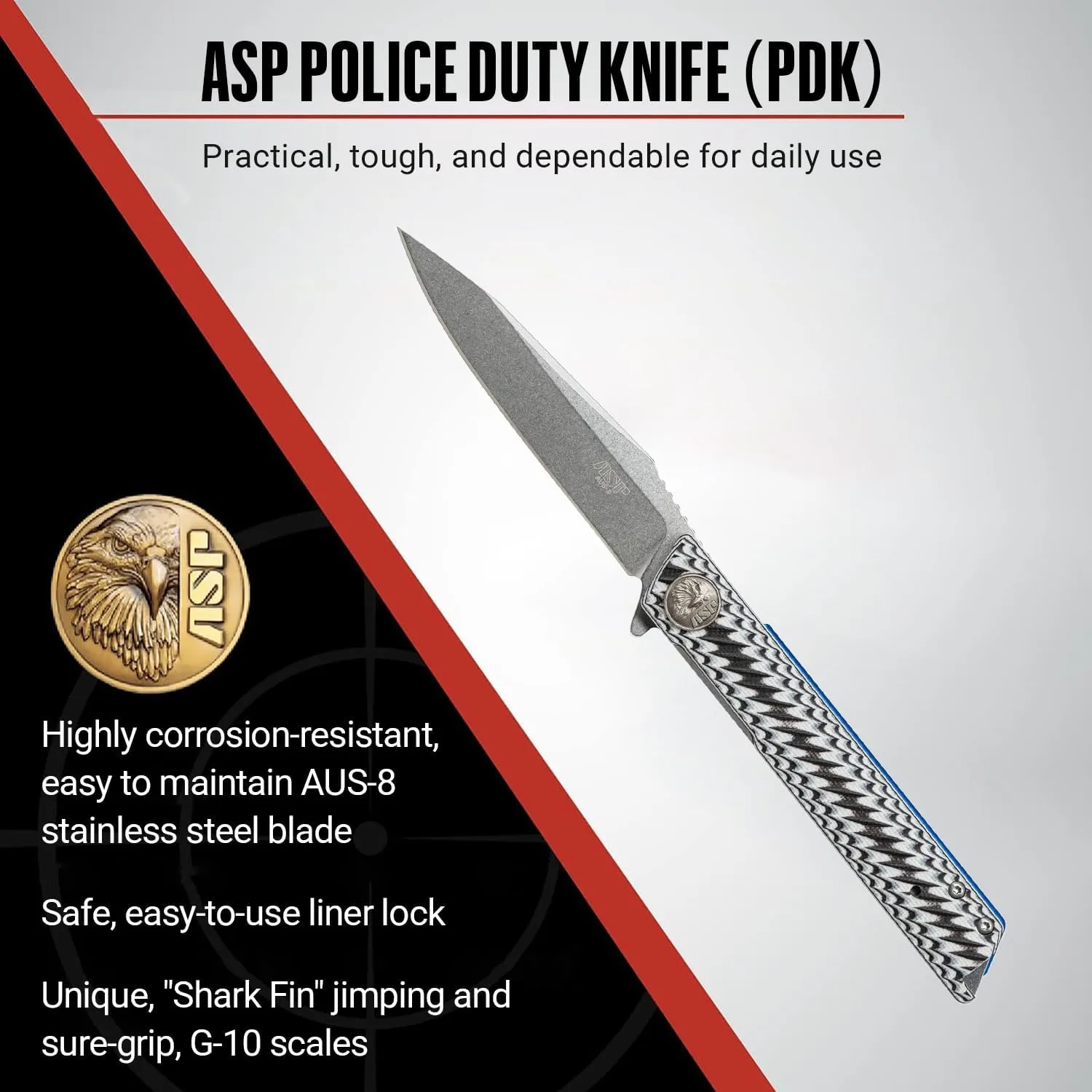 ASP Police Duty Knife (PDK) Slim Folder, AUS-8 Drop Point Folding Knife