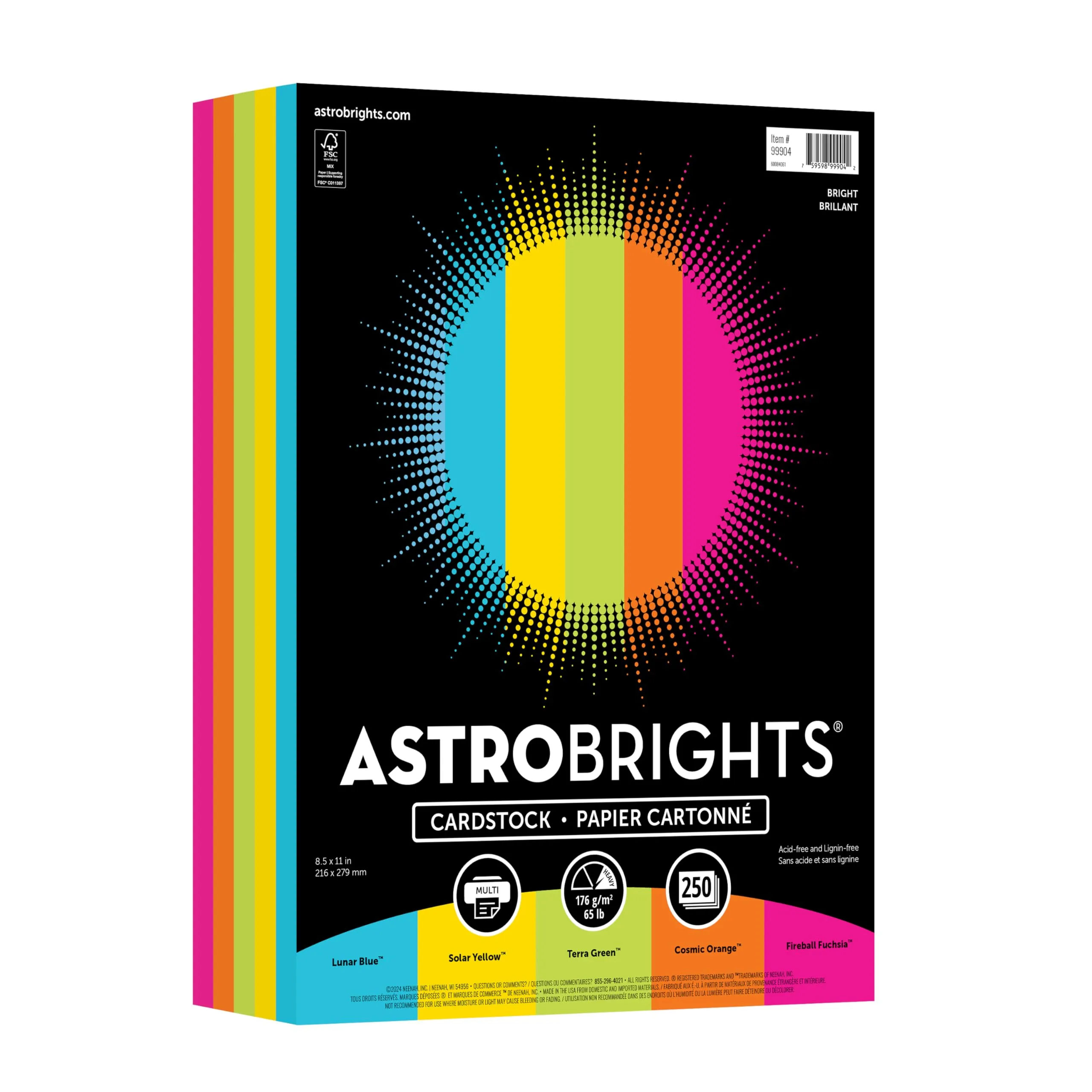 Astrobrights Color Cardstock - Bright Assortment, 65 lb Cover, 8.5 x 11, Assorted, 250/Pack