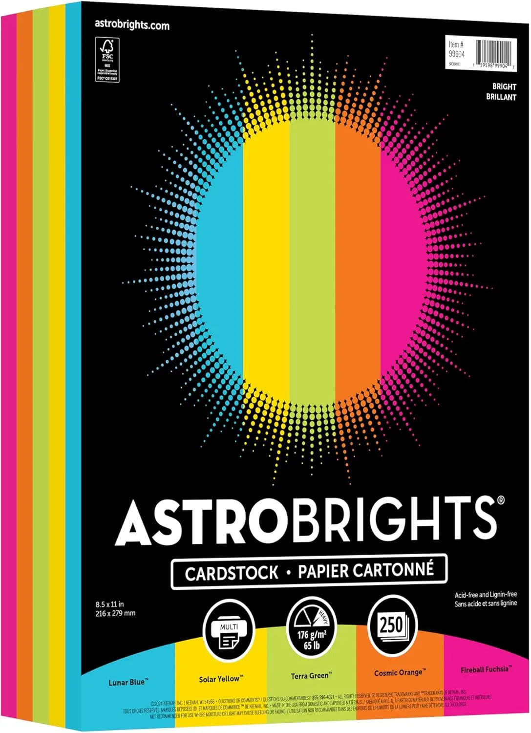 Astrobrights Color Cardstock - Bright Assortment, 65 lb Cover, 8.5 x 11, Assorted, 250/Pack