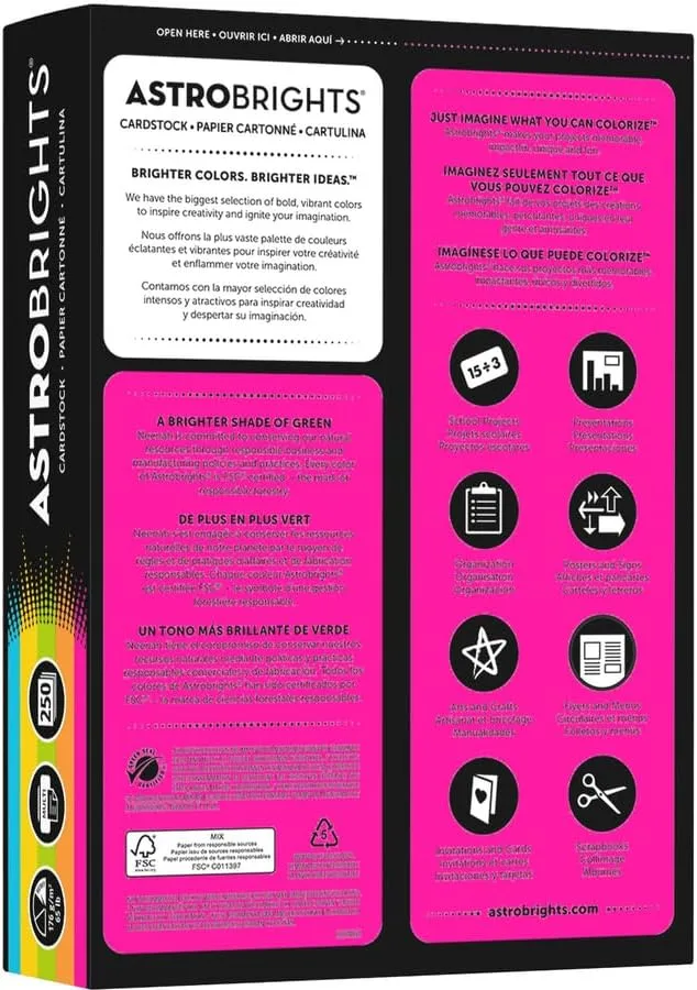 Astrobrights Color Cardstock - Bright Assortment, 65 lb Cover, 8.5 x 11, Assorted, 250/Pack