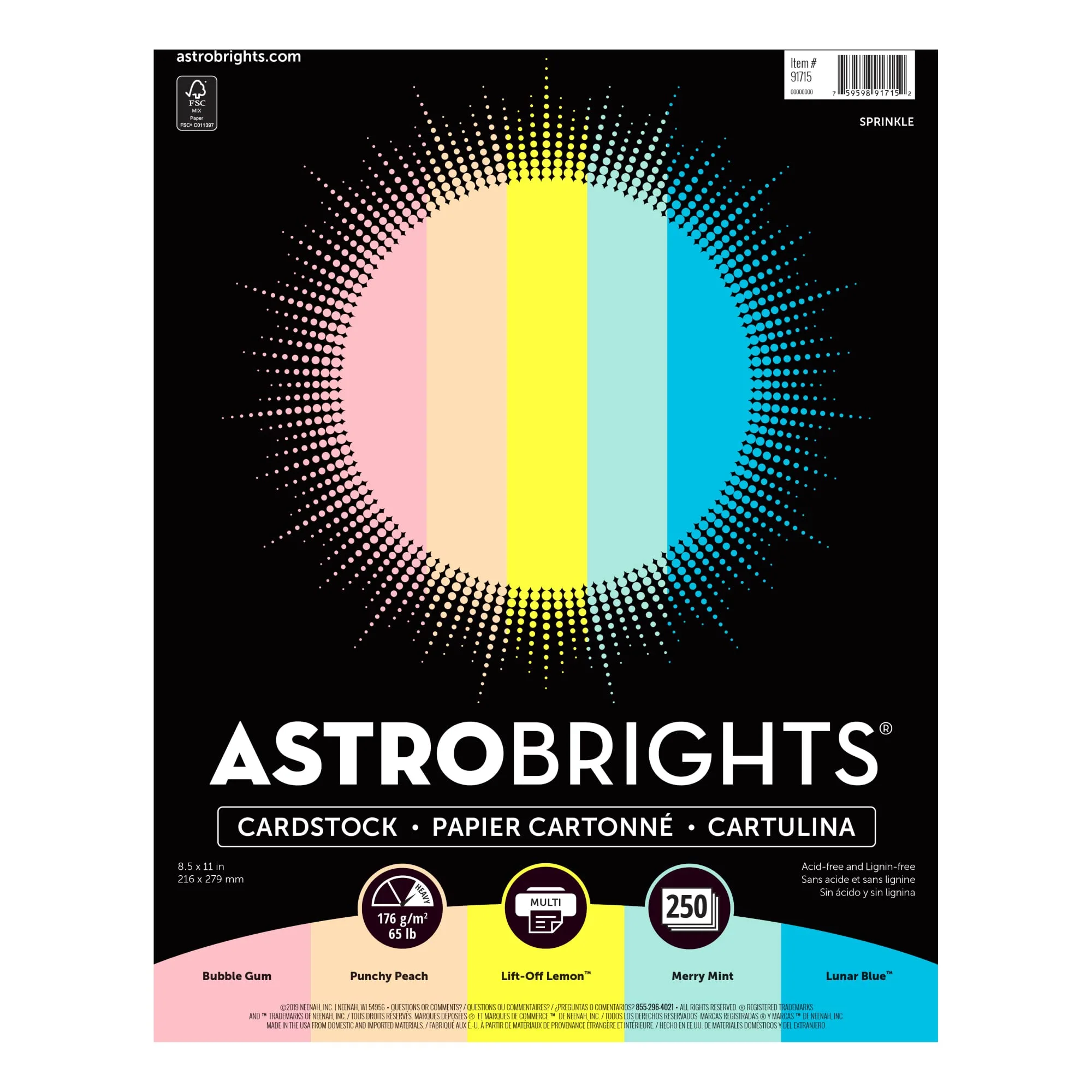 Astrobrights Color Card Stock, Letter Size, 65 Lb, Assorted Colors, 250 Sheets Per Pack