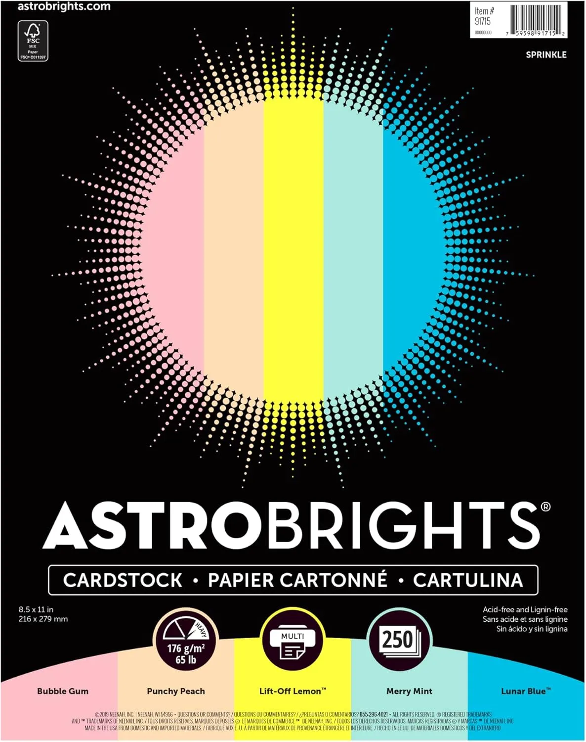 Astrobrights Color Card Stock, Letter Size, 65 Lb, Assorted Colors, 250 Sheets Per Pack