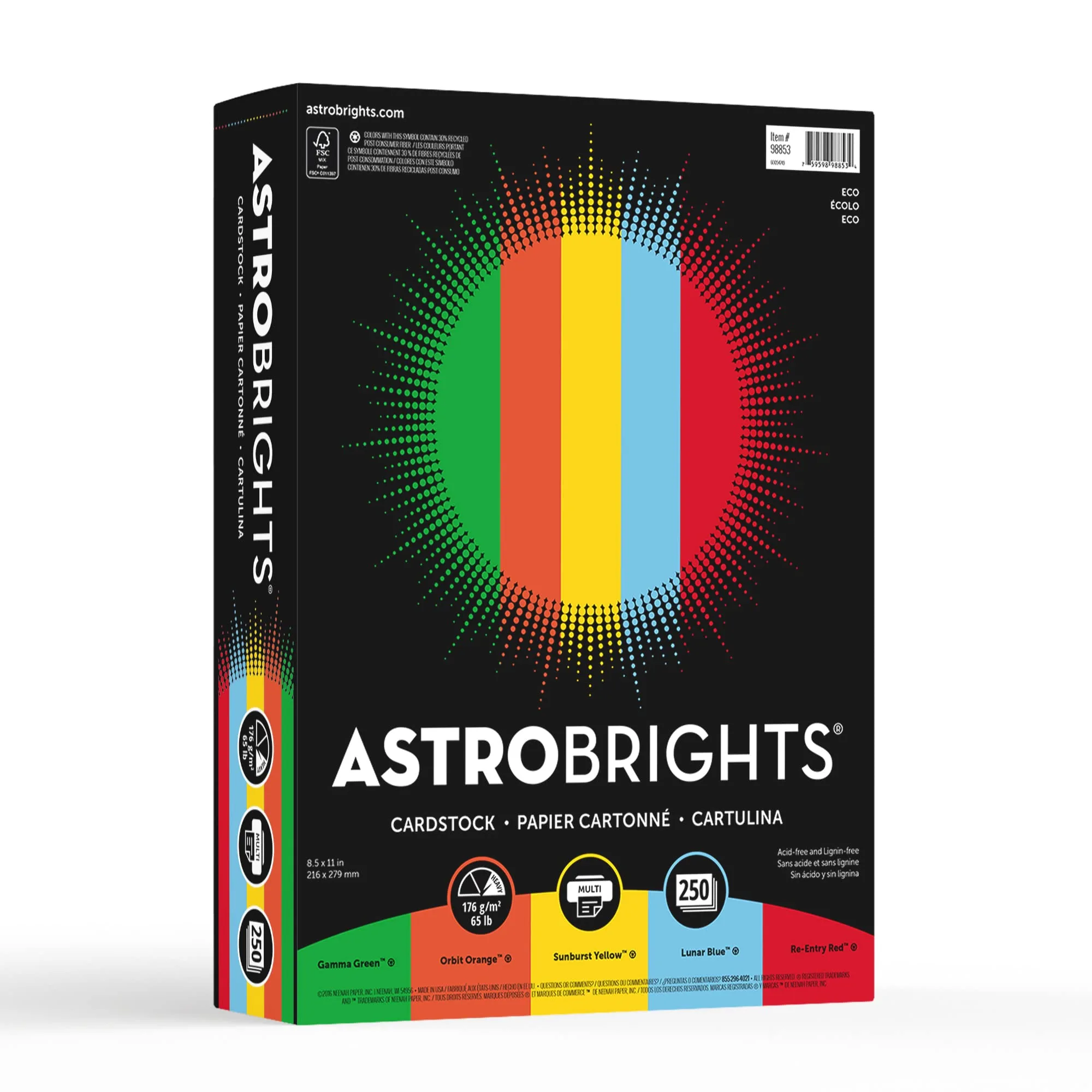 Astrobrights® Color Card Stock, Assorted Colors, Letter (8.5" x 11"), 65 Lb, Pack Of 250