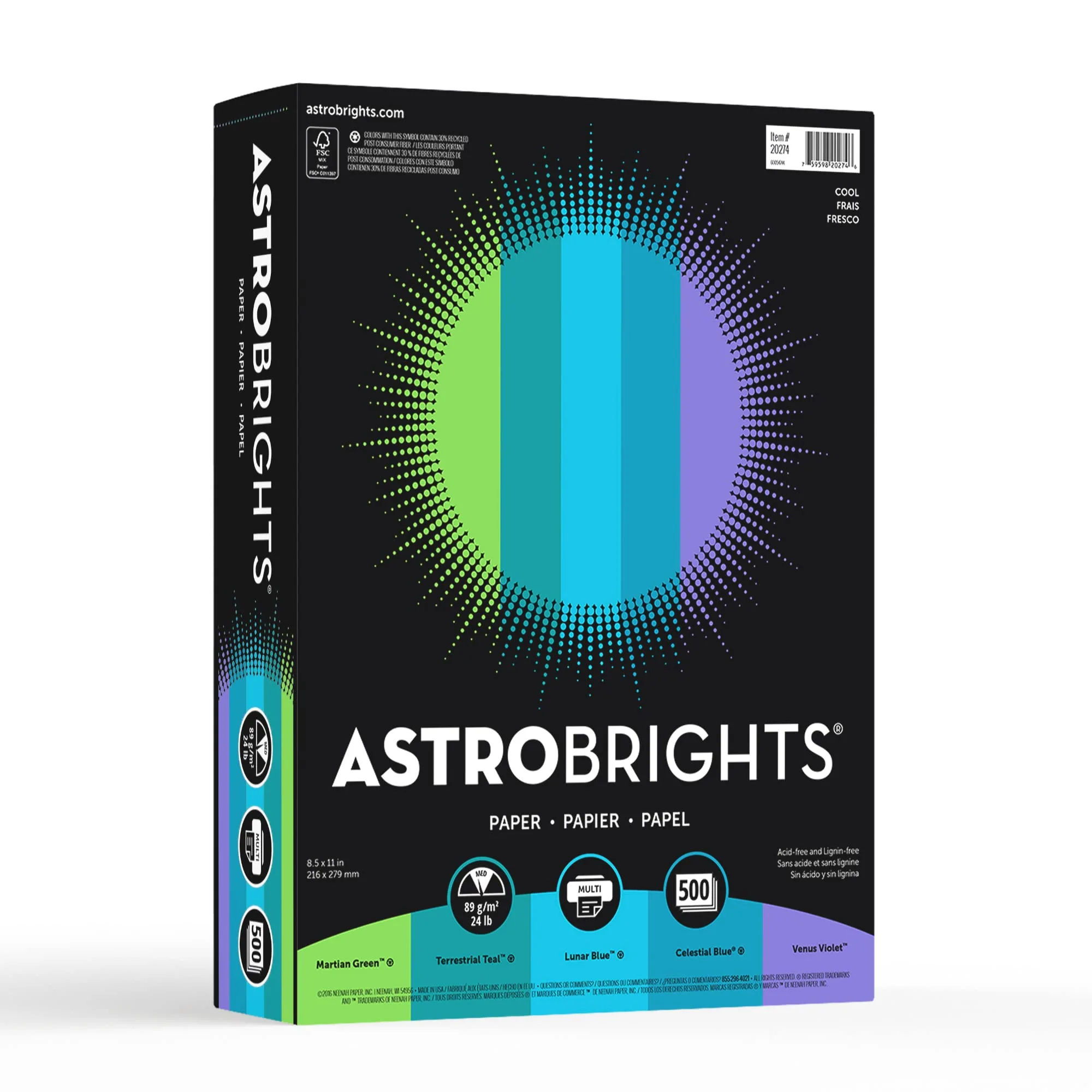 Astrobrights® Color Multi-Use Printer & Copy Paper, 1 Ream, Cool Assortment, Letter (8.5" x 11")