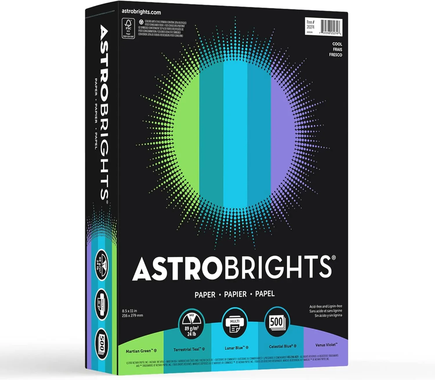 Astrobrights® Color Multi-Use Printer & Copy Paper, 1 Ream, Cool Assortment, Letter (8.5" x 11")
