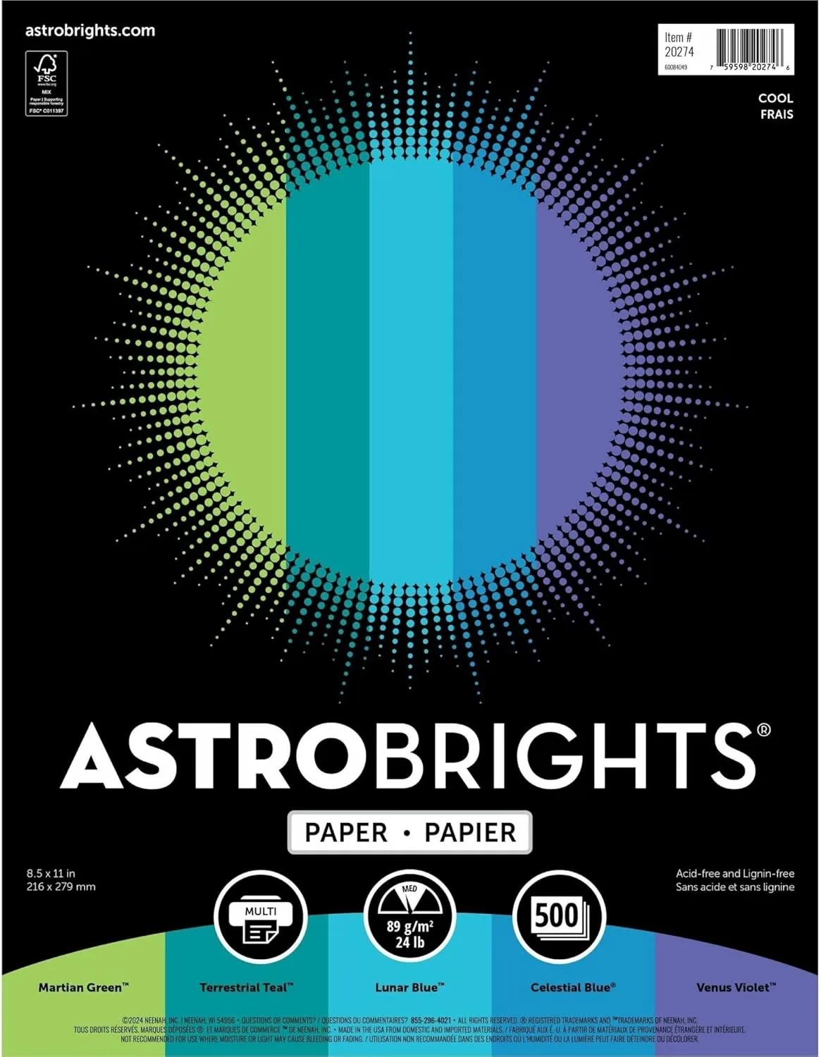 Astrobrights® Color Multi-Use Printer & Copy Paper, 1 Ream, Cool Assortment, Letter (8.5" x 11")