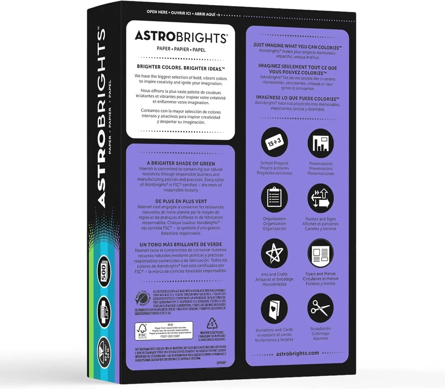 Astrobrights® Color Multi-Use Printer & Copy Paper, 1 Ream, Cool Assortment, Letter (8.5" x 11")