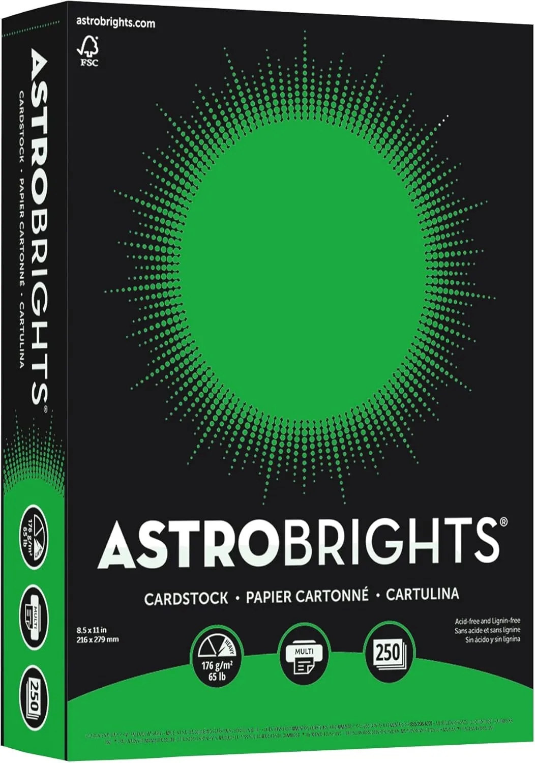 Astrobrights® Color Card Stock, Gamma Green, Letter (8.5" x 11"), 65 Lb, 30% Recycled, FSC® Certified, Pack Of 250