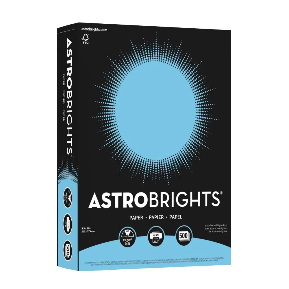 Astrobrights Color Multi-Use Printer & Copy Paper, 1 Ream, Lunar Blue, Letter (8.5in x 11in), 500 Sheets Per Ream, 24 Lb