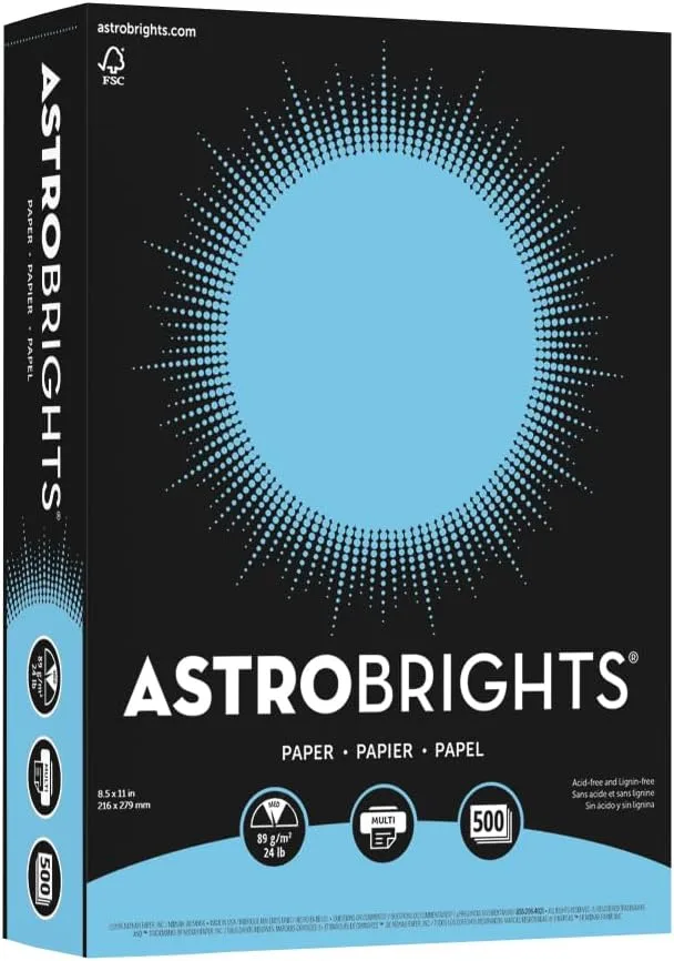 Astrobrights Color Multi-Use Printer & Copy Paper, 1 Ream, Lunar Blue, Letter (8.5in x 11in), 500 Sheets Per Ream, 24 Lb