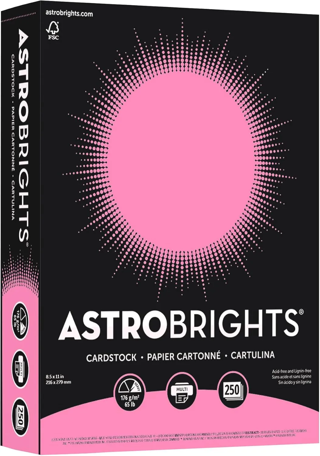 Astrobrights® Color Card Stock, Pulsar Pink, Letter (8.5" x 11"), 65 Lb, FSC® Certified, Pack Of 250