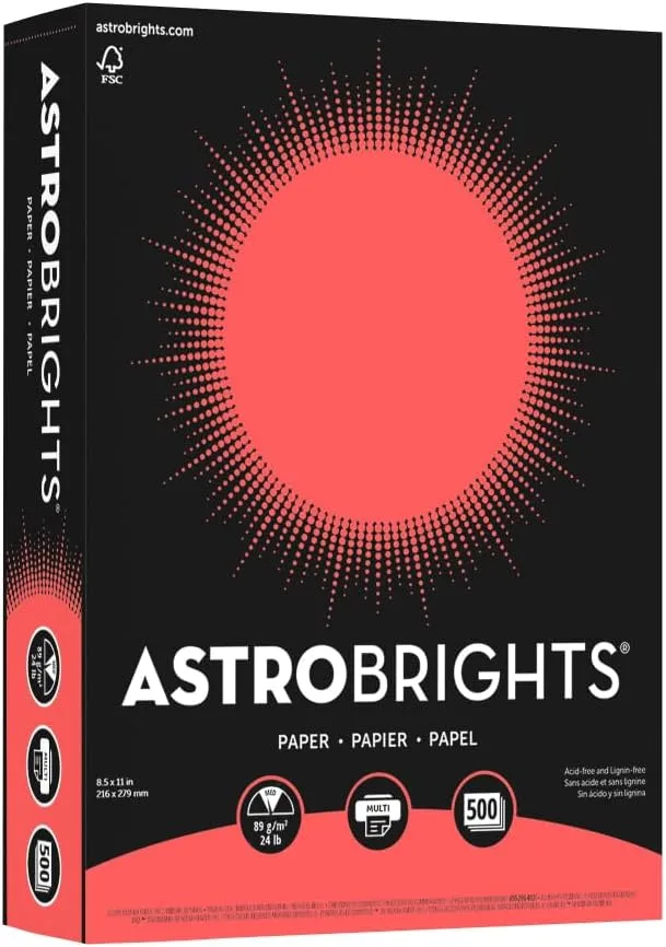 Astrobrights Color Multi-Use Printer & Copy Paper, 1 Ream, Rocket Red, Letter (8.5in x 11in), 500 Sheets Per Ream, 24 Lb, 94 Brightness