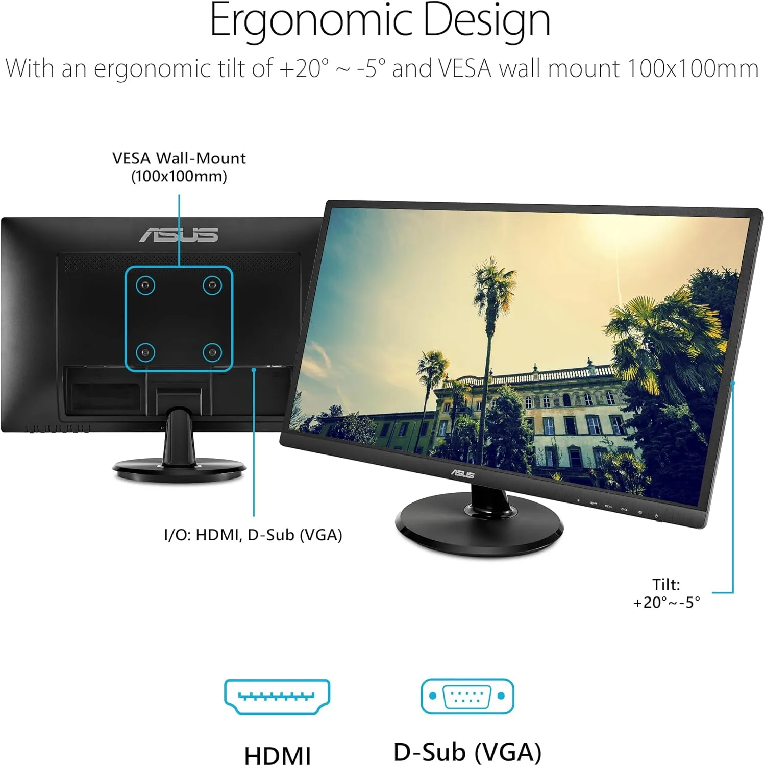 ASUS Full HD 1080p Monitor with Eye Care, HDMI VGA USB