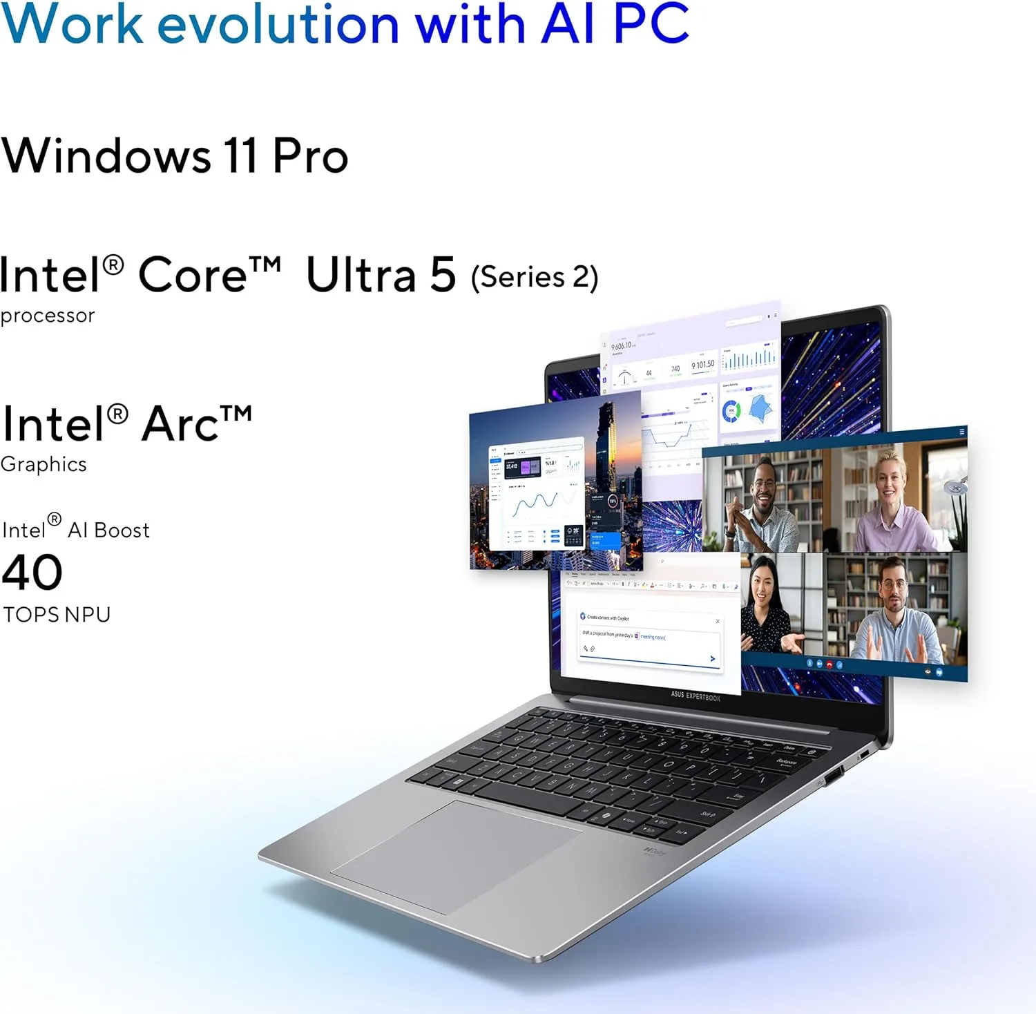 ASUS ExpertBook P5 Copilot+ PC AI Laptop, Intel® Core™ Ultra 5 Processor 226V, 16GB RAM, 512GB SSD, WiFi 6E, Windows 11 Pro, Misty Grey, P5405CSA-XH54