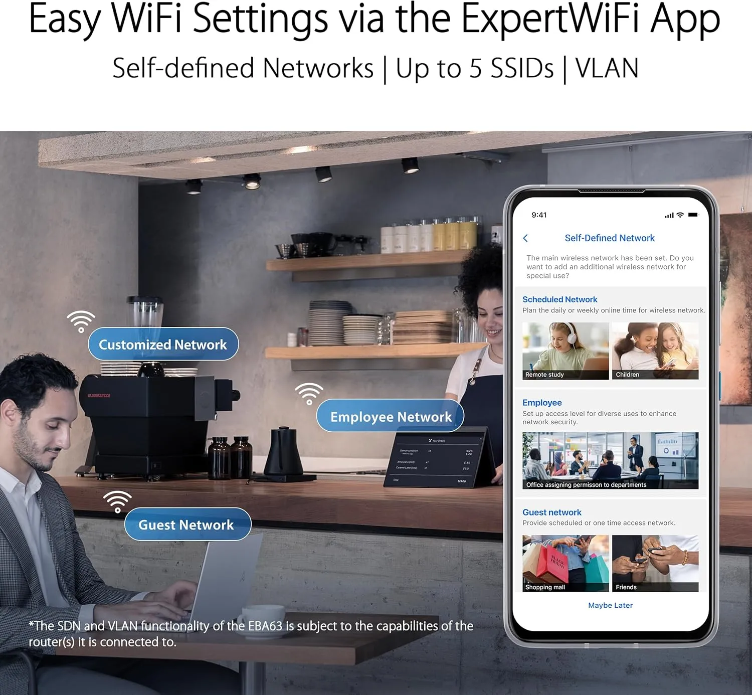 ASUS ExpertWiFi EBA63 AX3000 Dual-Band WiFi 6 (802.11ax) PoE Access Point, Support up to 5 SSIDs and VLAN, Self-Defined Network, Support PoE & PoE+, Easy Management app, AiMesh Compatible