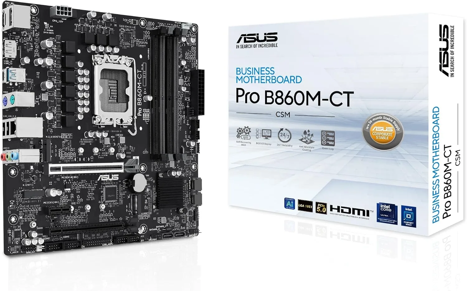 ASUS PRO B860M-CT-CSM Intel® B860 (LGA 1851) mATX Motherboard, PCIe 5.0, DDR5, 2X M.2, Intel® 1G LAN, 2X DP, HDMI, USB Type-C®, TPM IC onboard with Enhanced Security, Reliability and Manageability