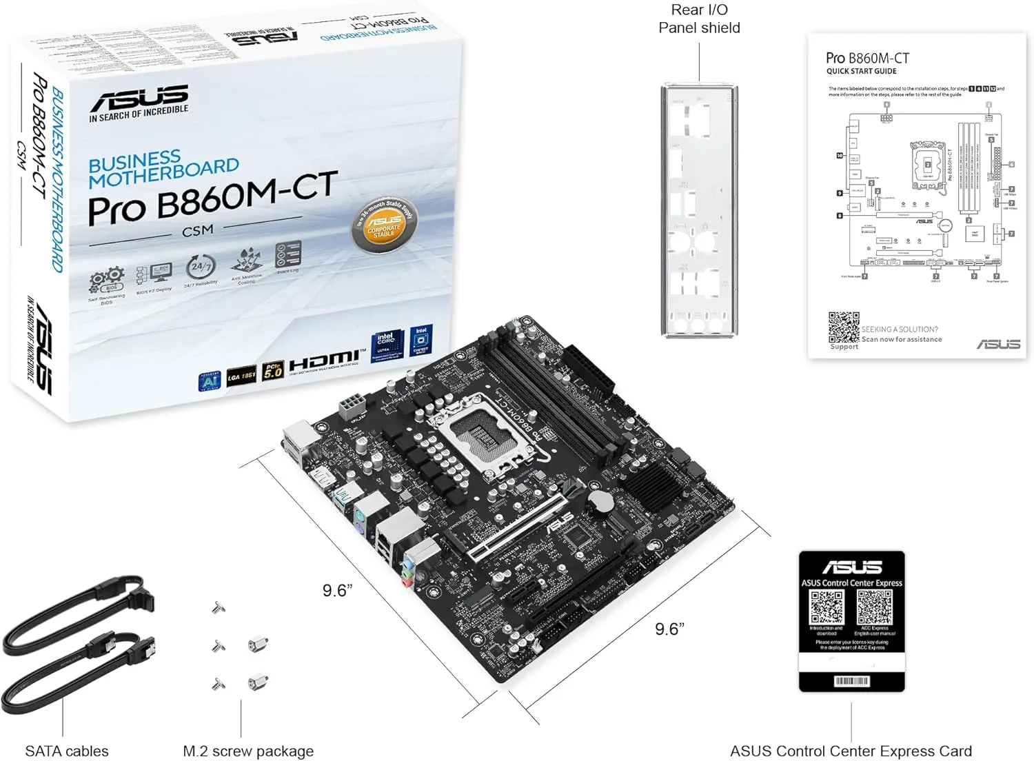 ASUS PRO B860M-CT-CSM Intel® B860 (LGA 1851) mATX Motherboard, PCIe 5.0, DDR5, 2X M.2, Intel® 1G LAN, 2X DP, HDMI, USB Type-C®, TPM IC onboard with Enhanced Security, Reliability and Manageability